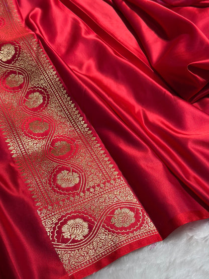 Magentic Red Floral Cross Pattern Satin Katan Silk Saree SK74