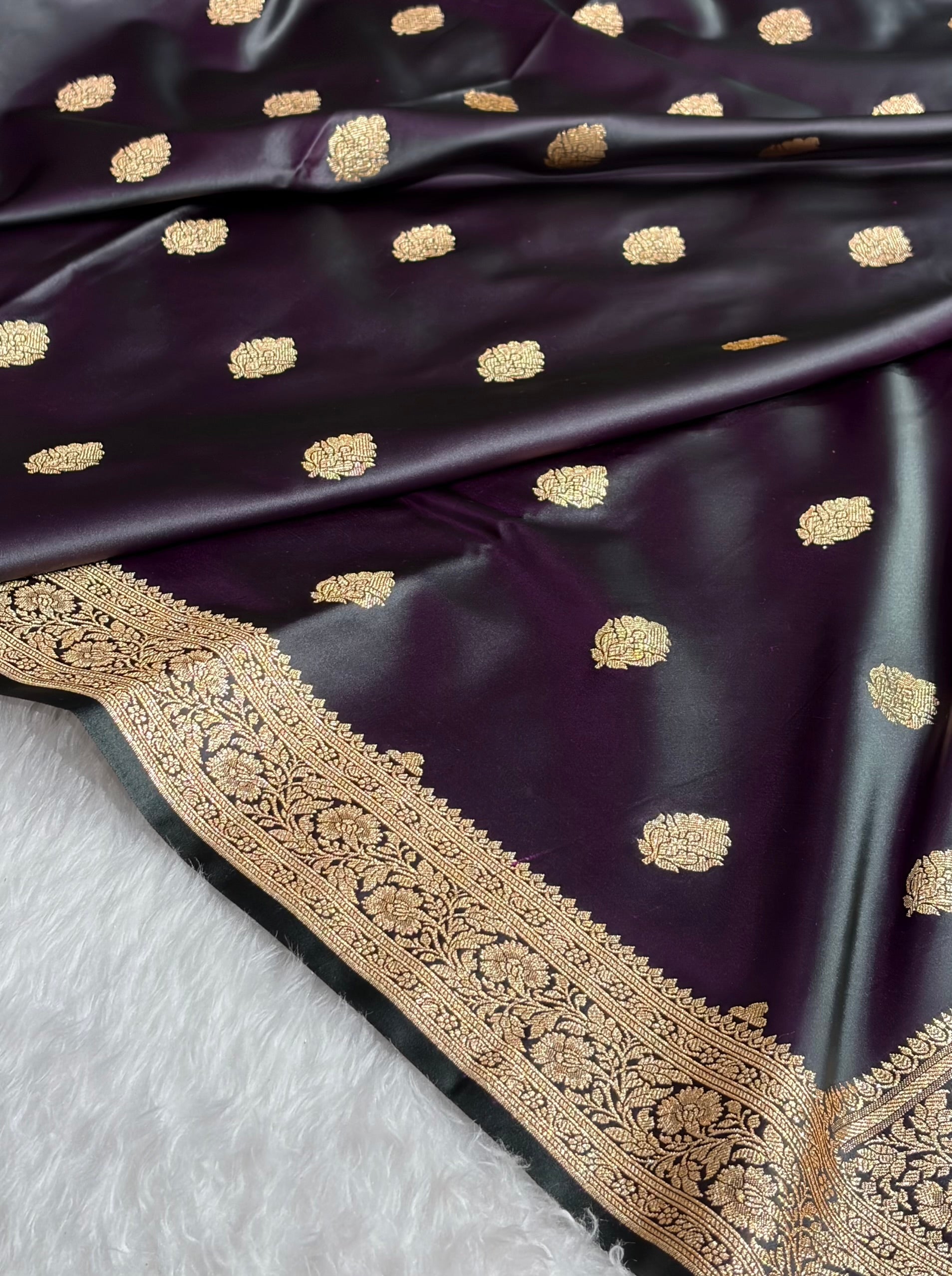 Dark Wine Treditional Banarasi Booti Pattern Satin Katan Silk Saree SK65