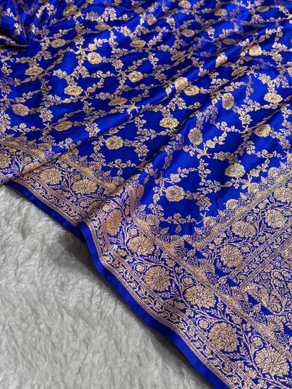 Royal Blue Shades Jaal Floral Pattern Satin Katan Silk Saree SK80