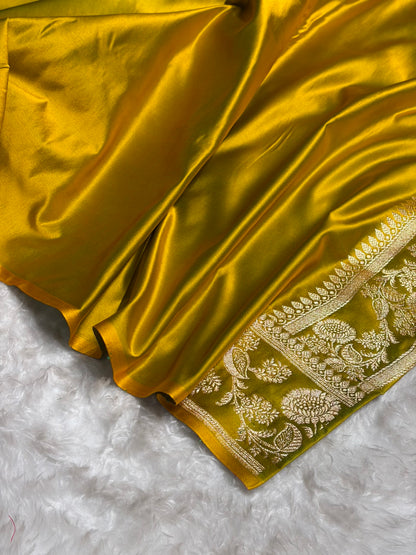 Mehendi Shades Floral Pattern Satin Katan Silk Saree SK77