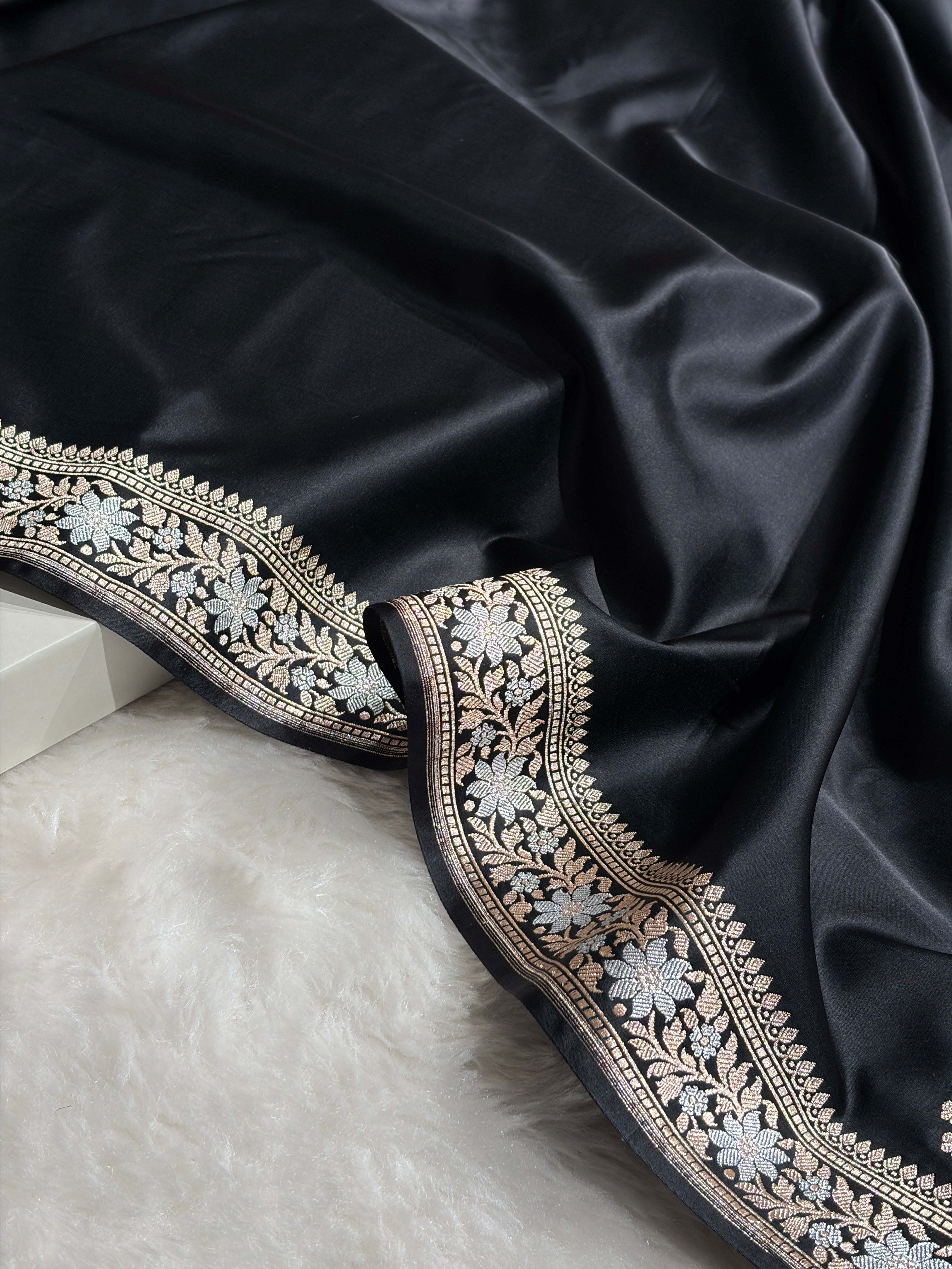 Black Shades Plain Banarasi With Minakari Floral Border Mashru Silk Saree MSM-123