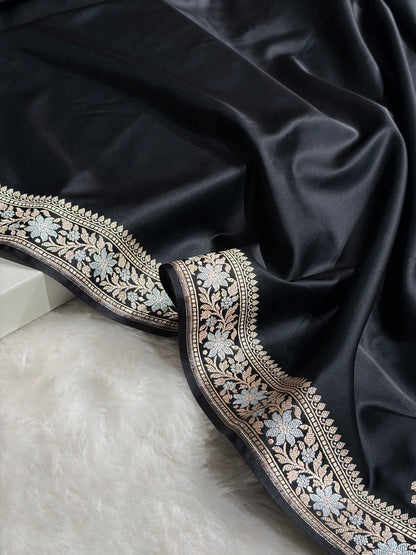 Black Shades Plain Banarasi With Minakari Floral Border Mashru Silk Saree MSM-123