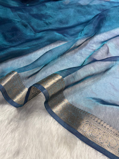German Blue Tissue Silk Saree with Brocade Blouse PT-09