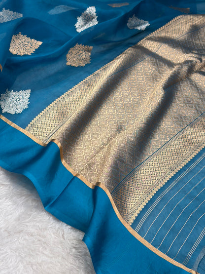 Pure Banarasi Organza Firozi Shades With Floral Banarasi Silk Saree PO-29