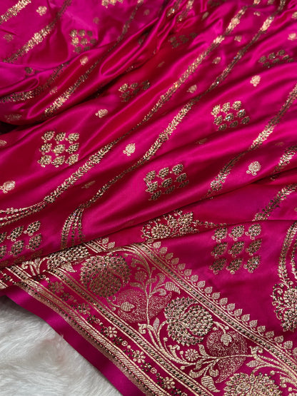 Rani Floral Boota Pattern With Siroski Stone Work Satin Katan Silk saree BSK39