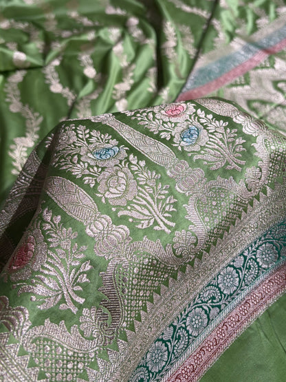 Light Pista Shades Minakari Border Mashru Silk Saree With Cross Pattern MS03