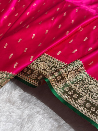 Contrast Rani / Green Floral Booti Banarasi Satin Katan Silk Saree SK14