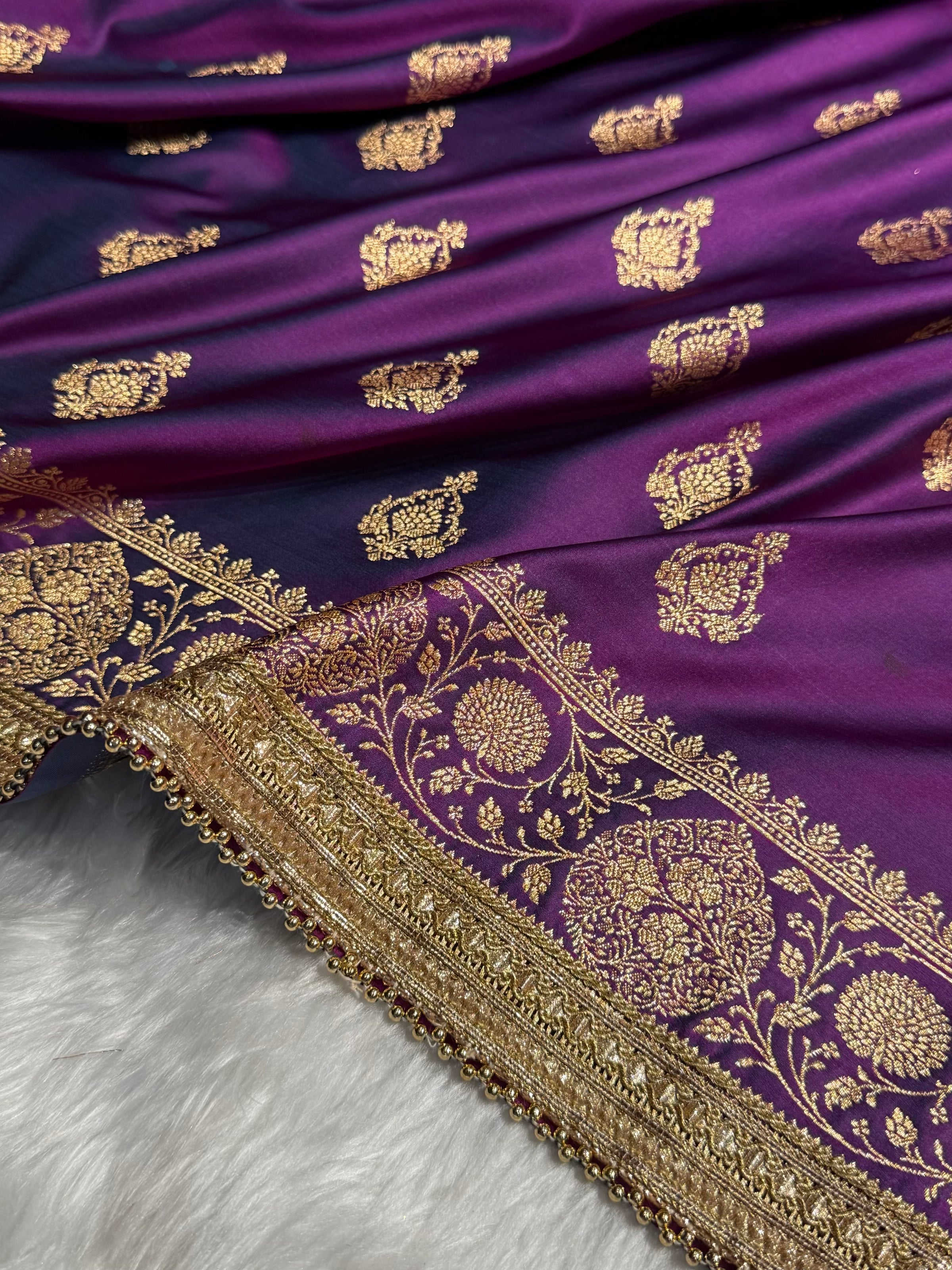Banarasi Satin Katan Saree With Gotta Patti Boota in Cross Wine Shades SKGP98