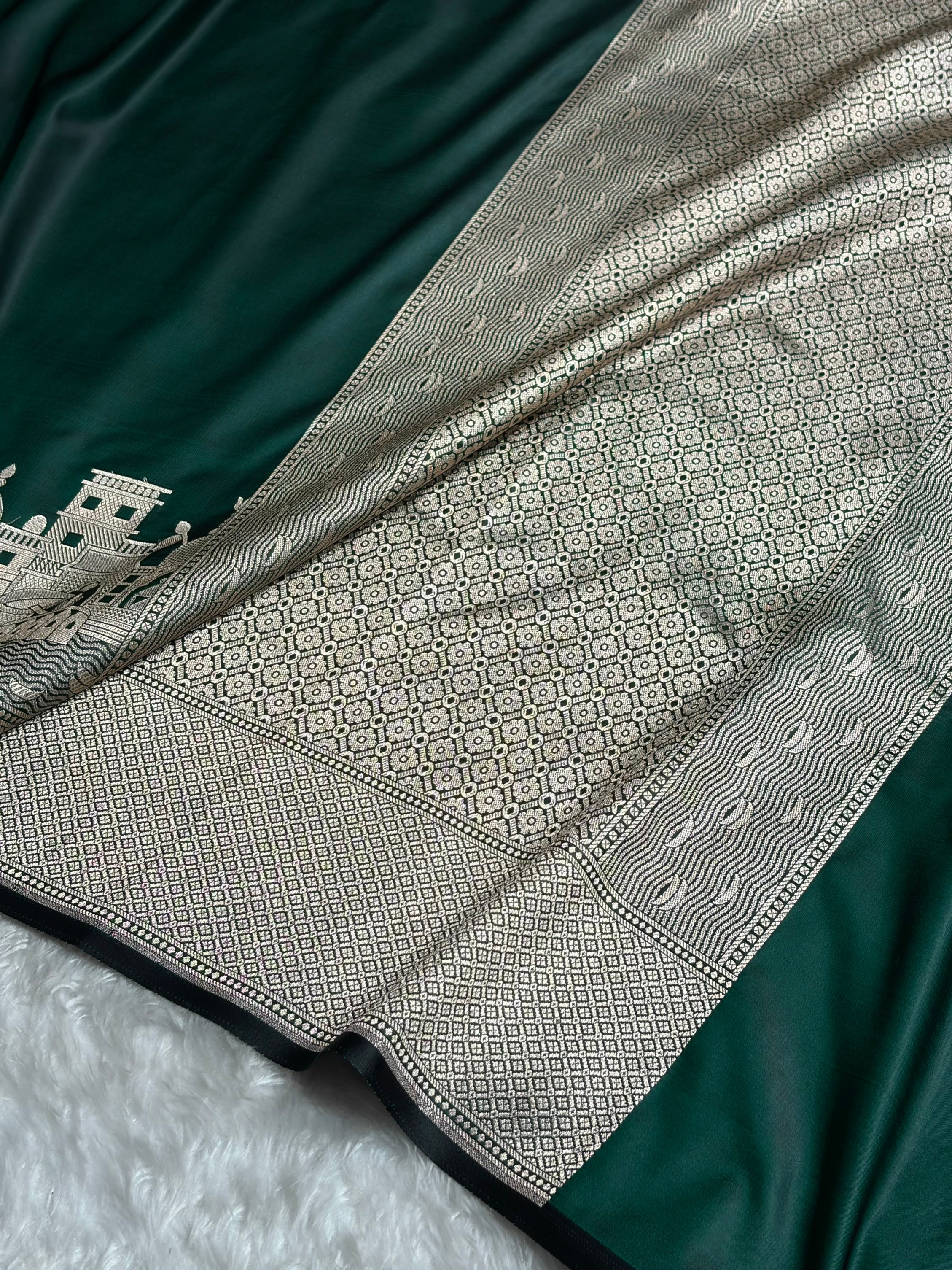 Dark Green Shades Ghat Pattern Satin Katan Silk Saree SK19
