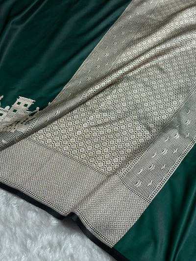 Dark Green Shades Ghat Pattern Satin Katan Silk Saree SK19