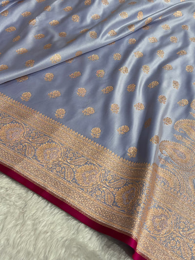 Floral boota Satin katan Silk Saree In Powder Blue Shades SK12