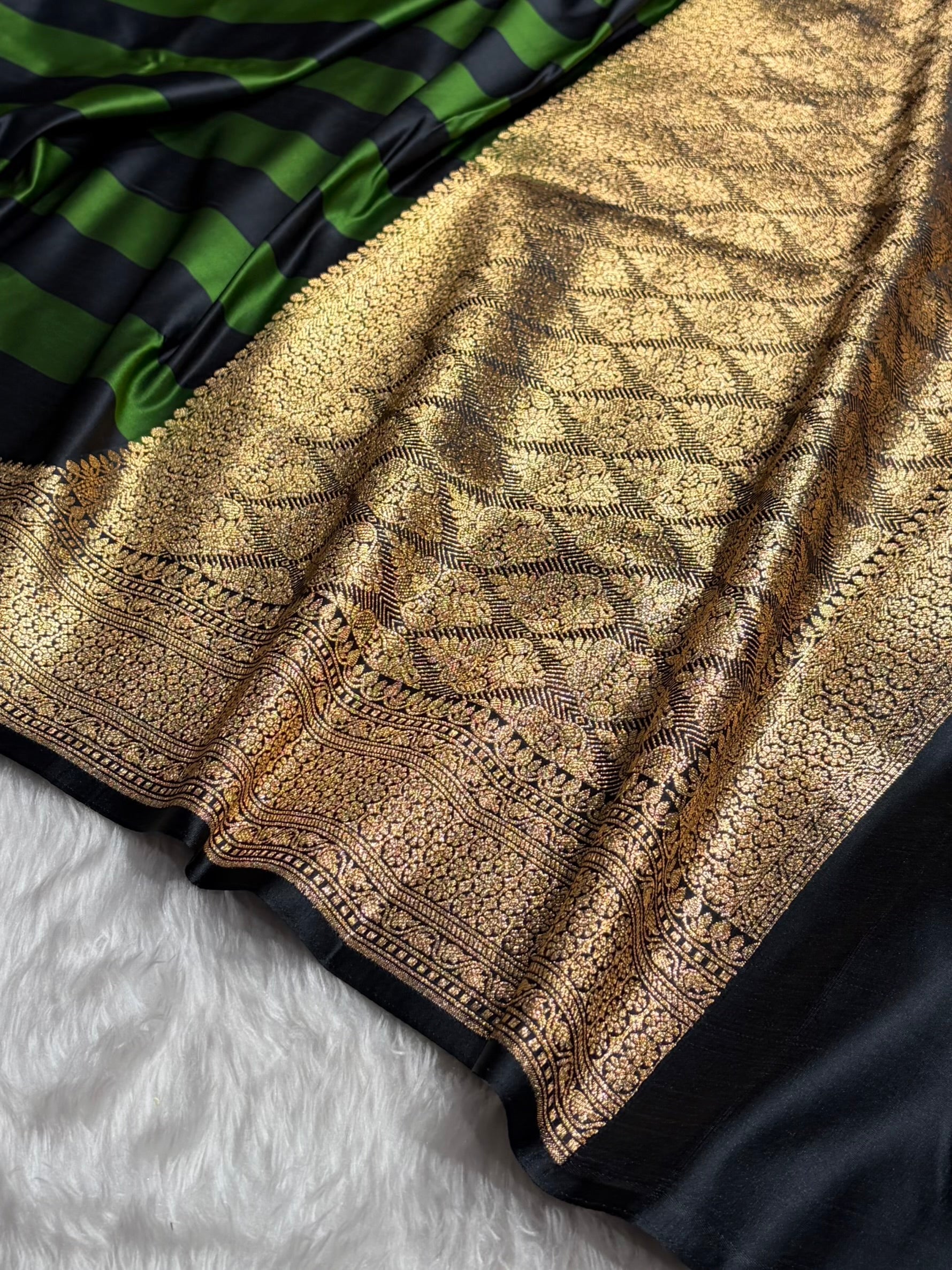 Bottle Green With Black Horizontal Strips Floral Border & Brocade Blouse Mashru Silk Saree MSM-84