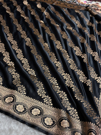 Black Floral Cross Pattern Satin Katan Silk Saree SK74