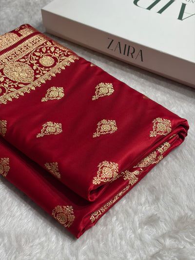 Banarasi Satin Katan Saree With Boota in Maroon Shades SK98