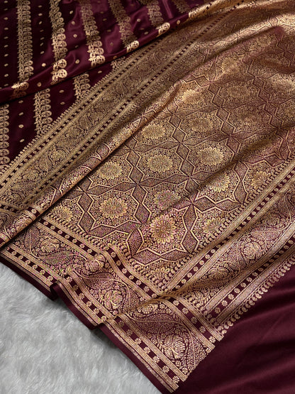 Garnet Shades Cross Floral Pattern Satin Katan Silk Saree SK79