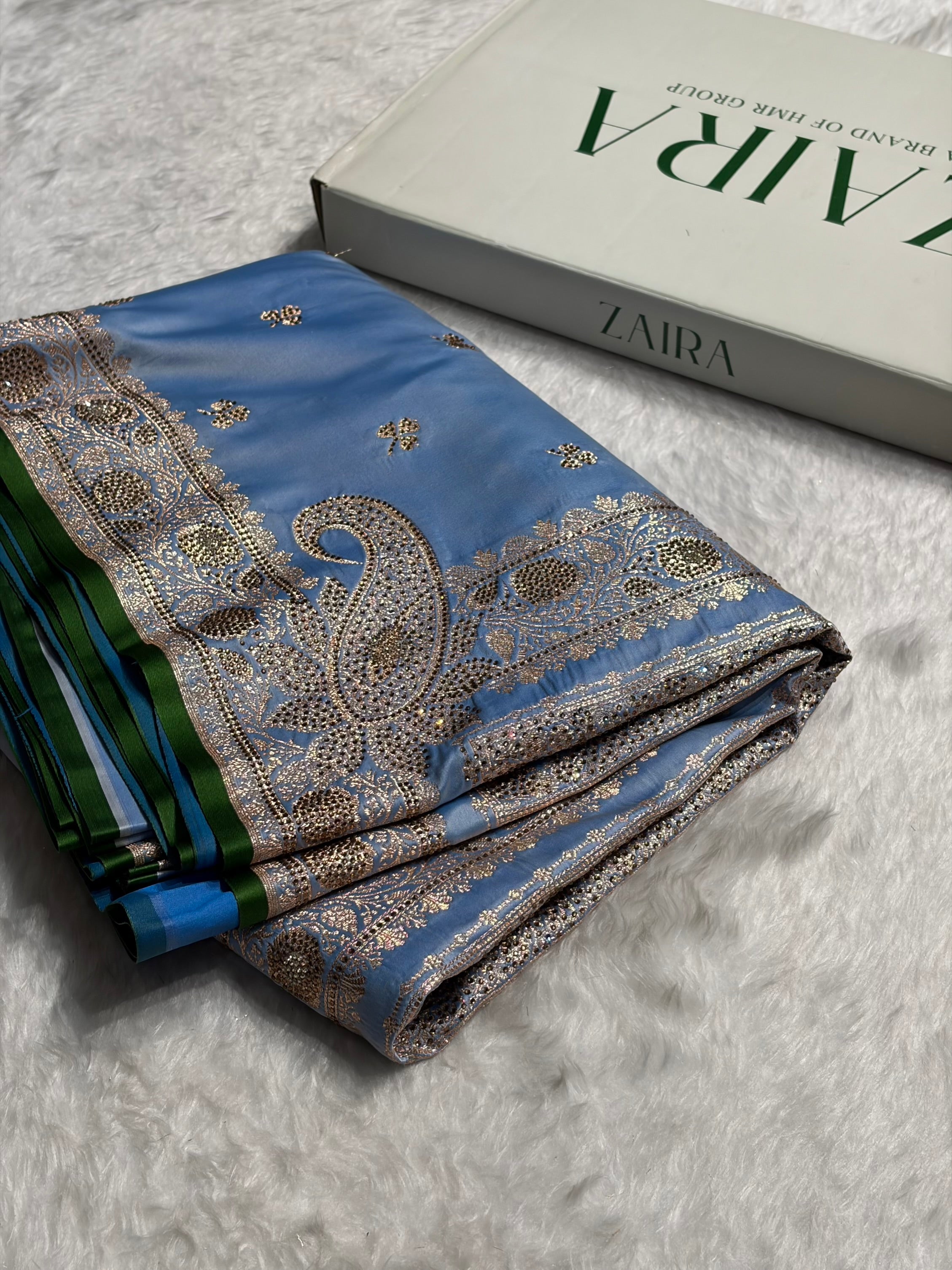 Sky Blue Booti With Swarovski Work Katan Silk Saree BSK09