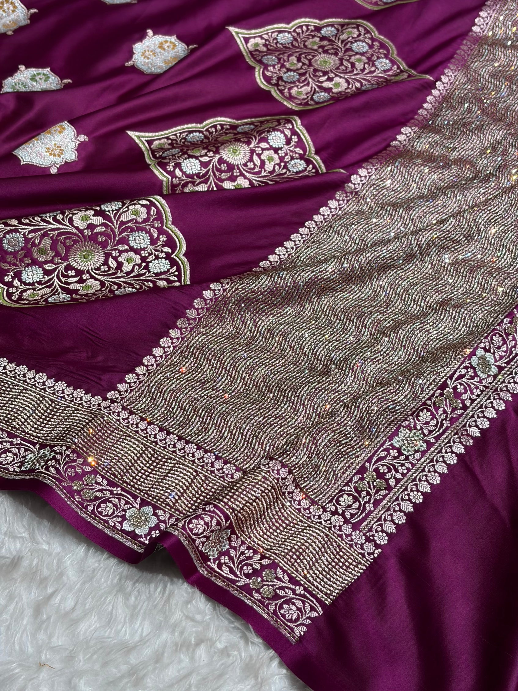 Premium Banarasi Satin Katan Saree Swarovski Work Minakari Booti Pattern in Wine Shades BSK04
