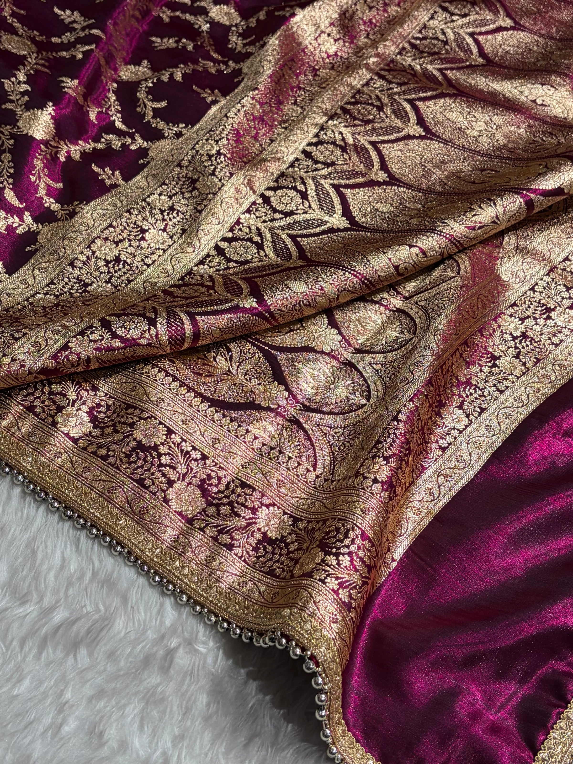 Satin Silk Banarasi Jaal In Wine Shades With Gotta Patti  SSGP14