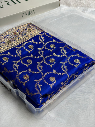 Royal Blue Shades Floral With Zardozi Work In Jaal Pattern Satin Katan Silk saree BSK55