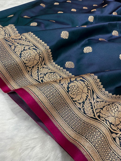 German Blue Floral Boota Mashru Silk Saree MSM 77