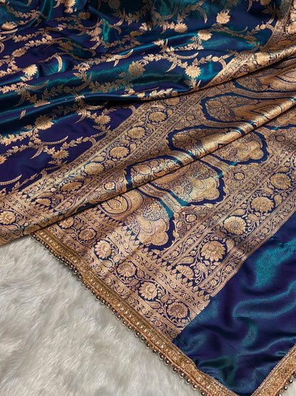 Satin Silk Banarasi Jaal In Peacock Shades With Gotta Patti  SSGP18