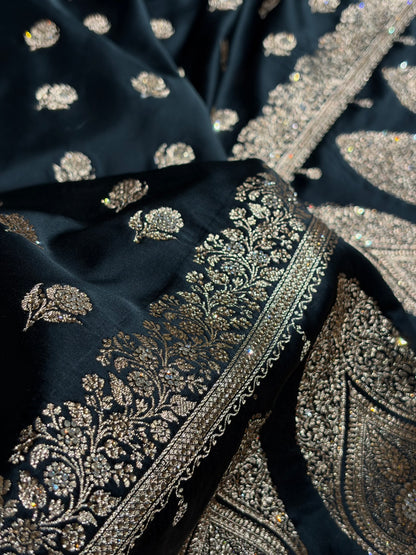 Banarasi Black Floral Booti With Swarovski Work Katan Silk Saree BSK23