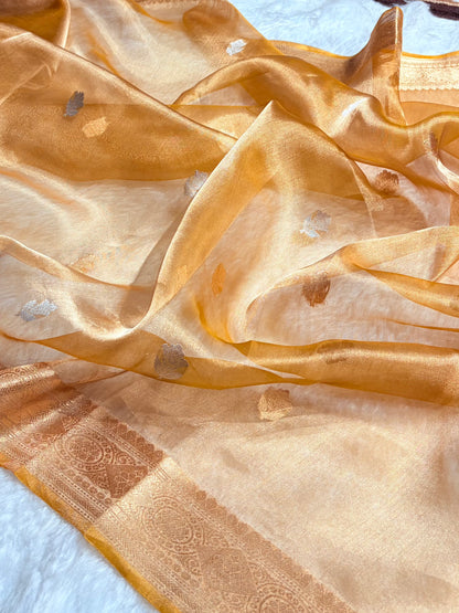 Mustard Gold Bananasi Floral Shades Pure Tissue Silk Saree PT-37