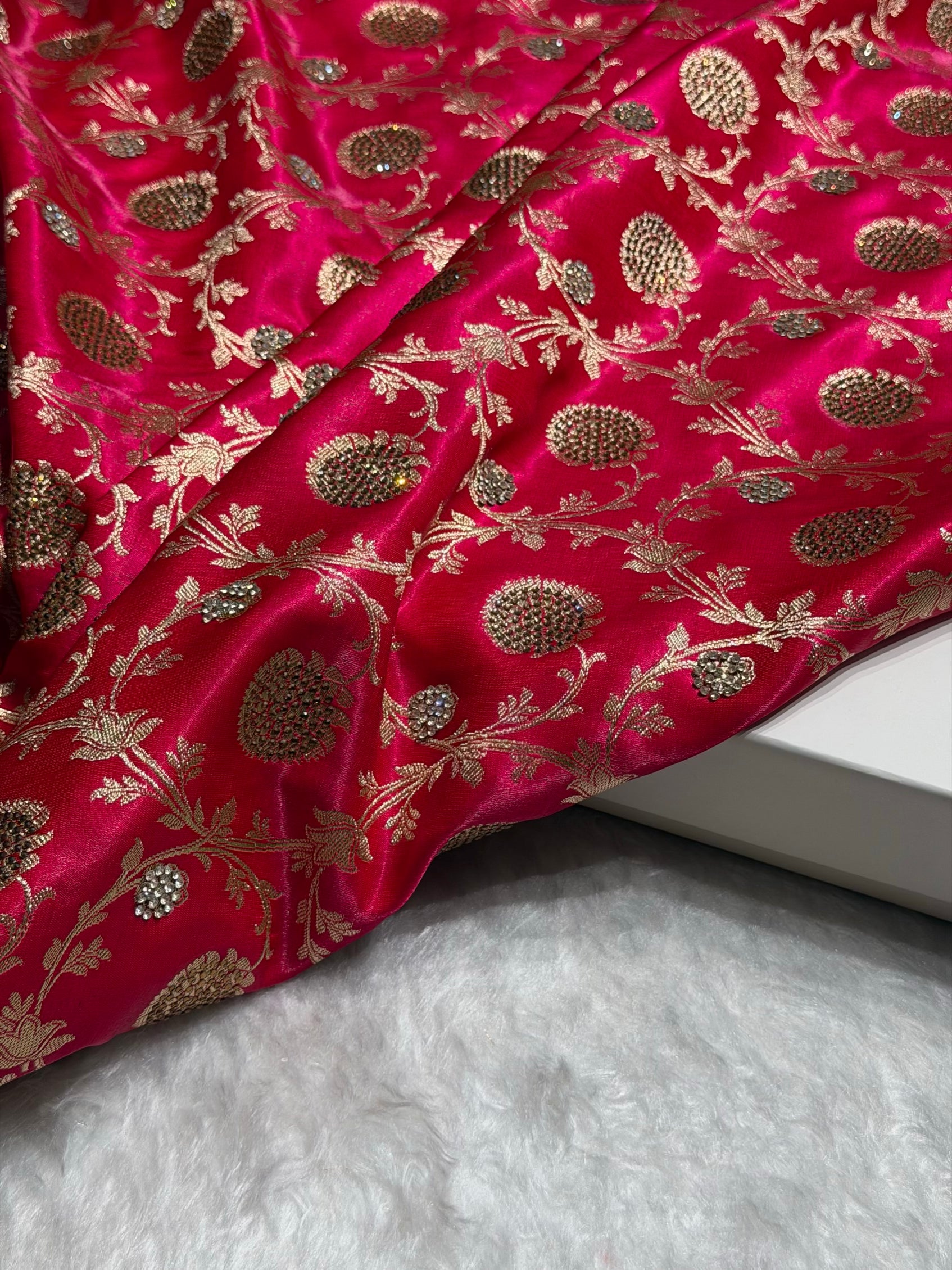 Cross Rani With Swarovski Stone Work Jaal Pattern Satin Silk Saree BSS15
