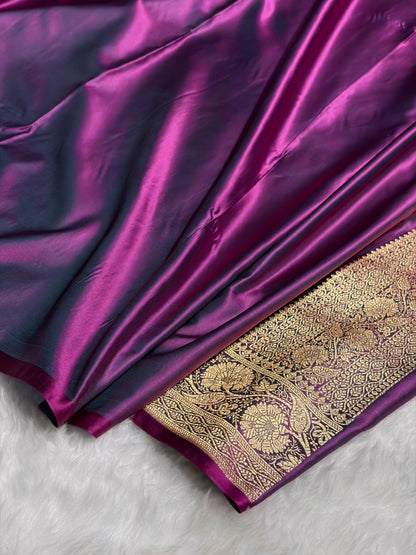 Wine Floral Boota Pattern Satin Katan Silk Saree SK72