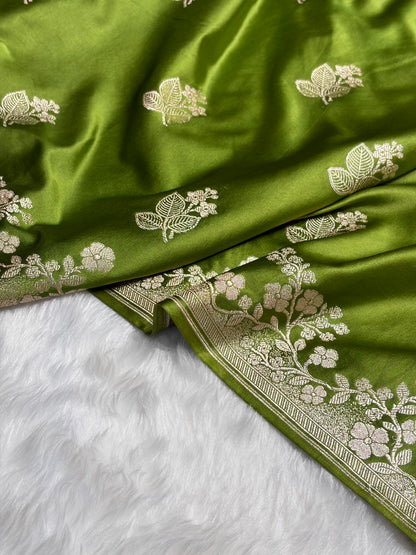 Banarasi Mehendi Shades With Floral Border Mashru Silk Saree MS83