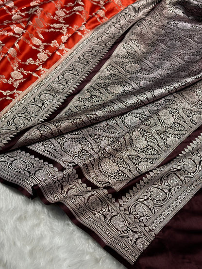 Contrast Orange With Garnet Shades Floral Jaal Pattern Mashru Silk Saree MS76