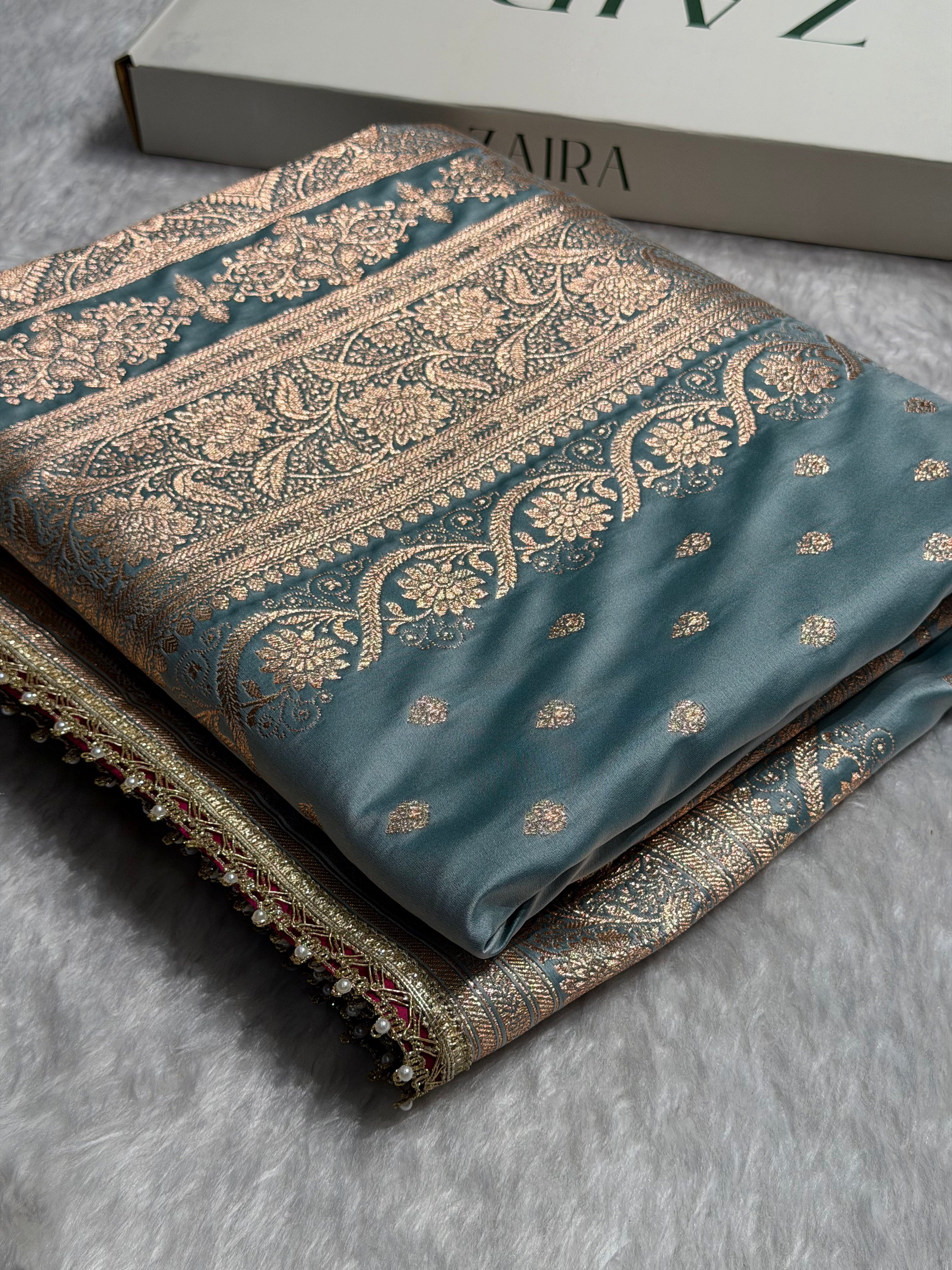 Turquoise Banarasi Satin Katan Silk Saree with gotta Patti SKGP08