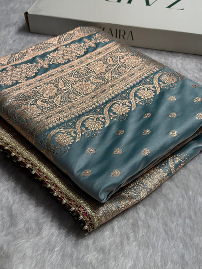 Turquoise Banarasi Satin Katan Silk Saree with gotta Patti SKGP08