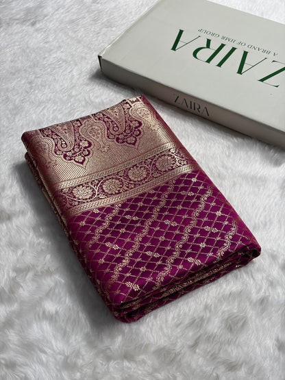 Cross Magenta Banarasi Brocade Soft Katan Silk Saree SKB-01