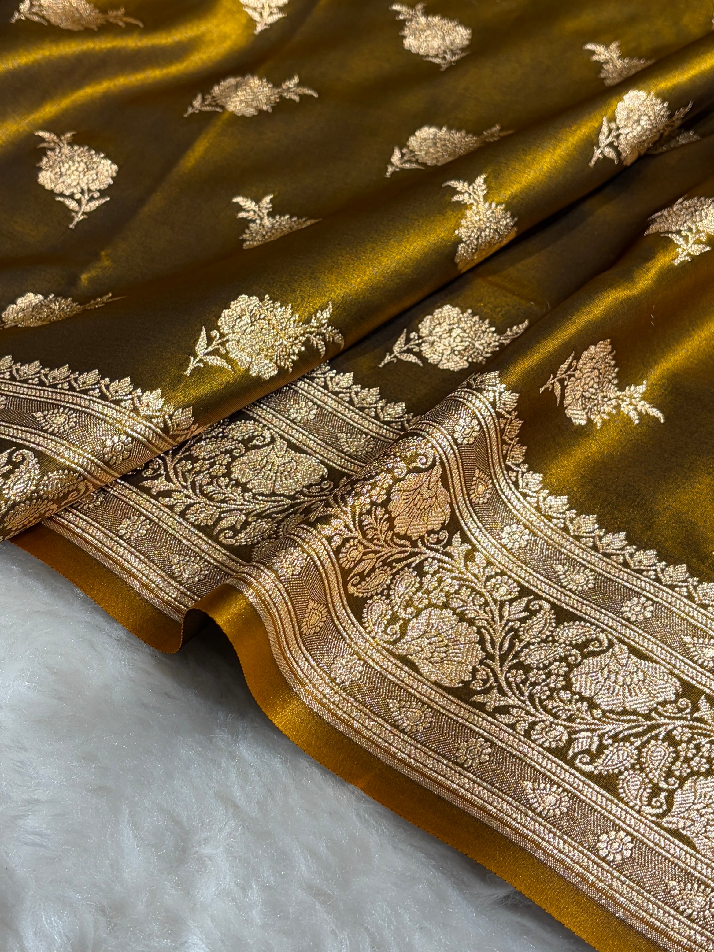 Satin Silk Saree Floral Boota in Mehendi Shades SS26