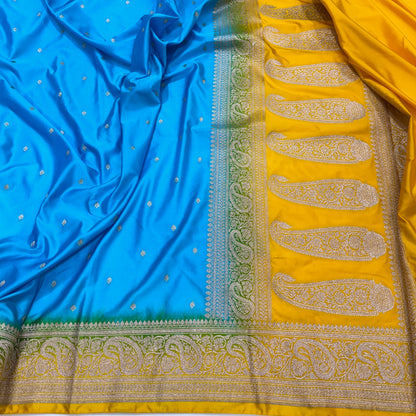 Blue -Yellow Combination Mashru Satin Booti