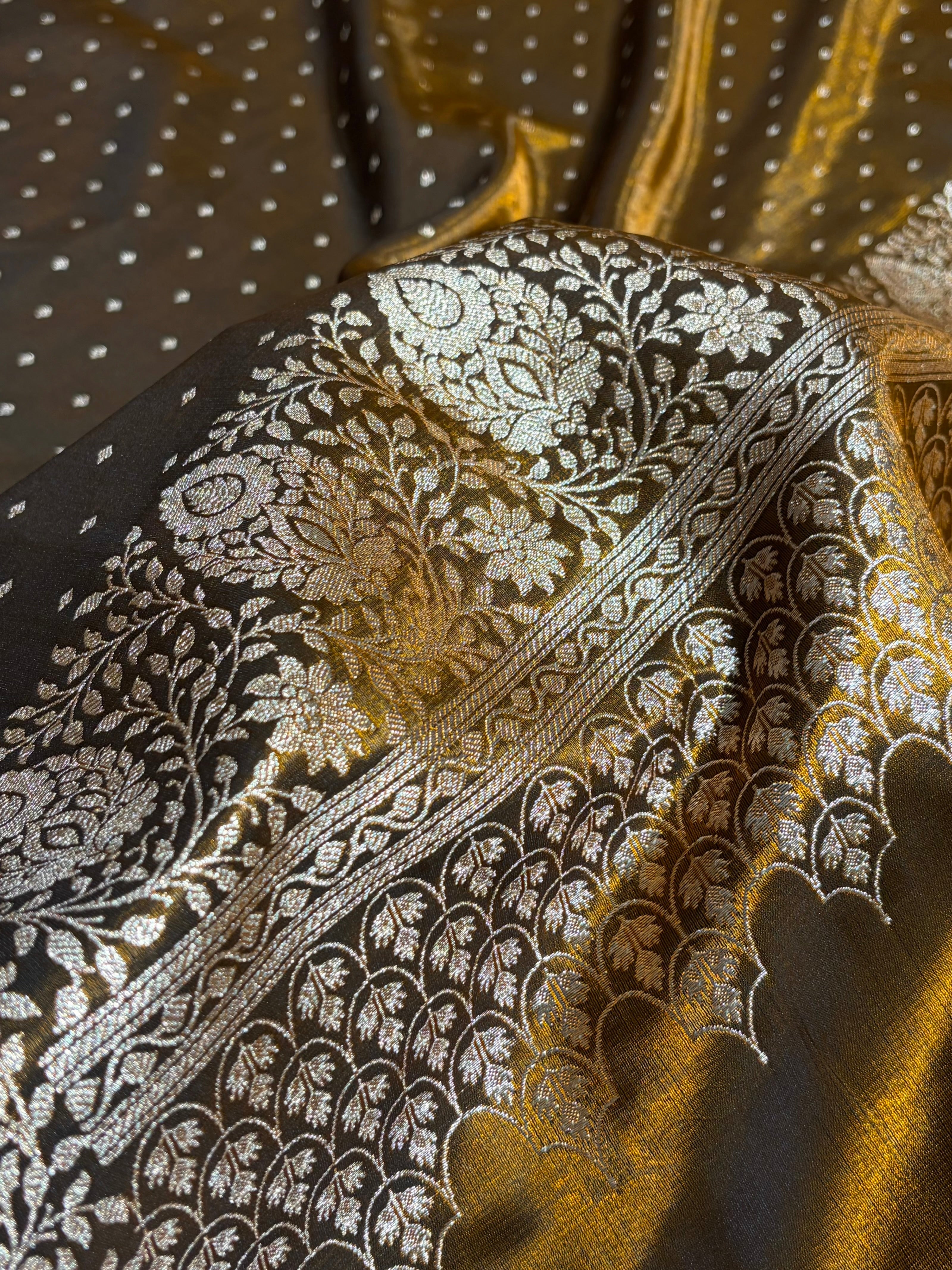 Satin Silk Saree Floral Boota in Mahendi Shades SS28