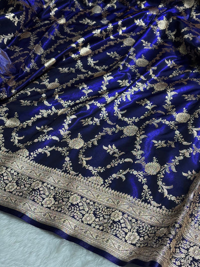 Satin Silk Banarasi Jaal in Dark Royal Blue Shades SS14