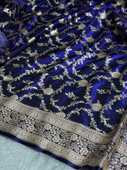 Satin Silk Banarasi Jaal in Dark Royal Blue Shades SS14