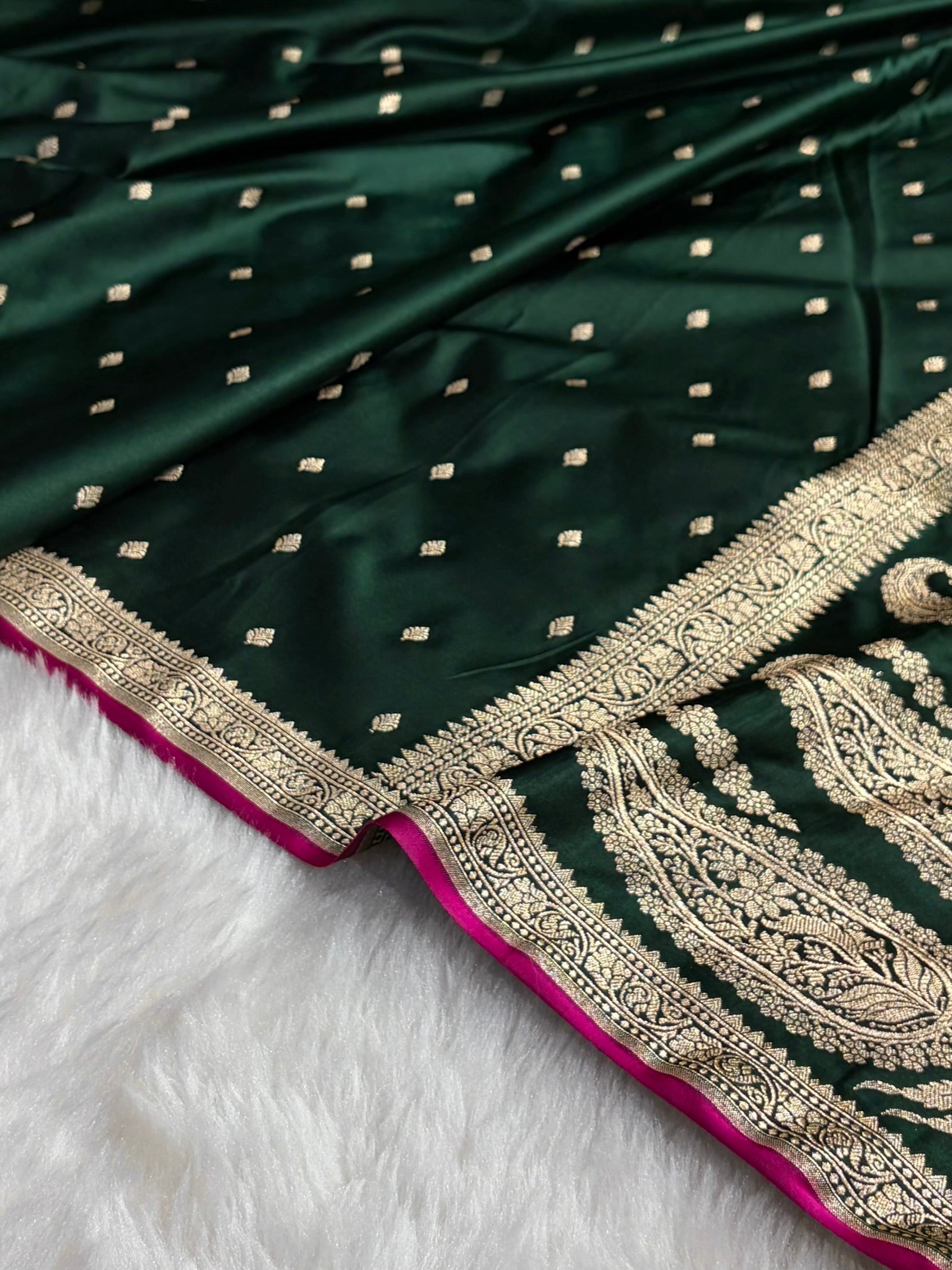 Premium Banarasi Satin Katan Saree in Dark Bottle Green Shades SK90
