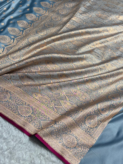 Banarasi Katan Silk Saree In Pastel German Blue Shades SK10