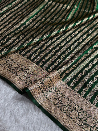 Bottle Green Shades Stripe Pattern Banarasi Satin Silk Saree SS46