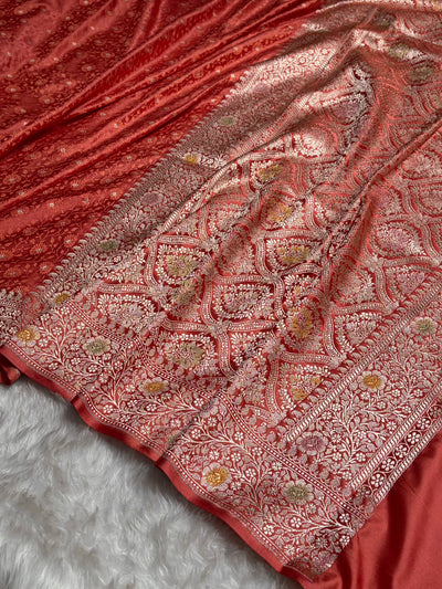 Strawberry Shades Booti Minakari Tanchoi Mashru Silk Saree MCS49