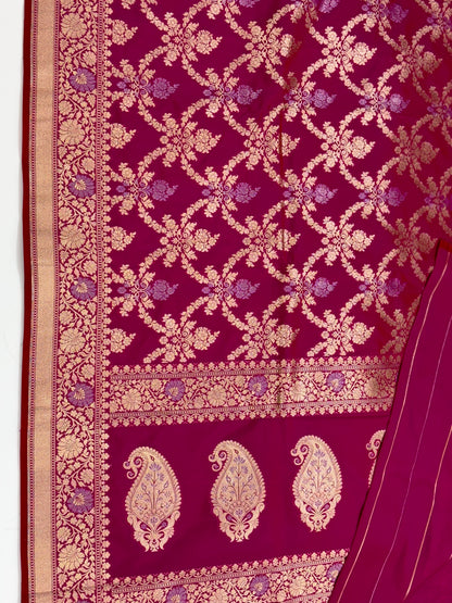 Magenta Antique-Gold Jaal Blended Katan Silk