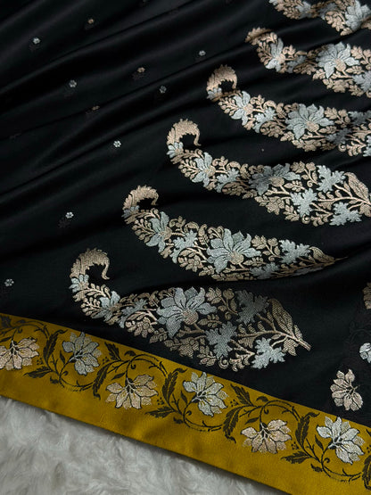 Contrast Black With Mustard Floral Boota With Floral Border Mashru Silk Saree MSM-78