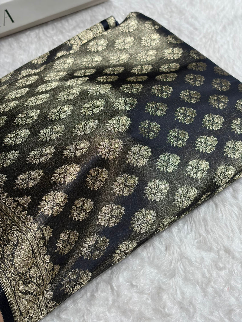 Banarasi Cross Navy Blue Shades Satin Tissue Silk Saree In Booti motif ST01