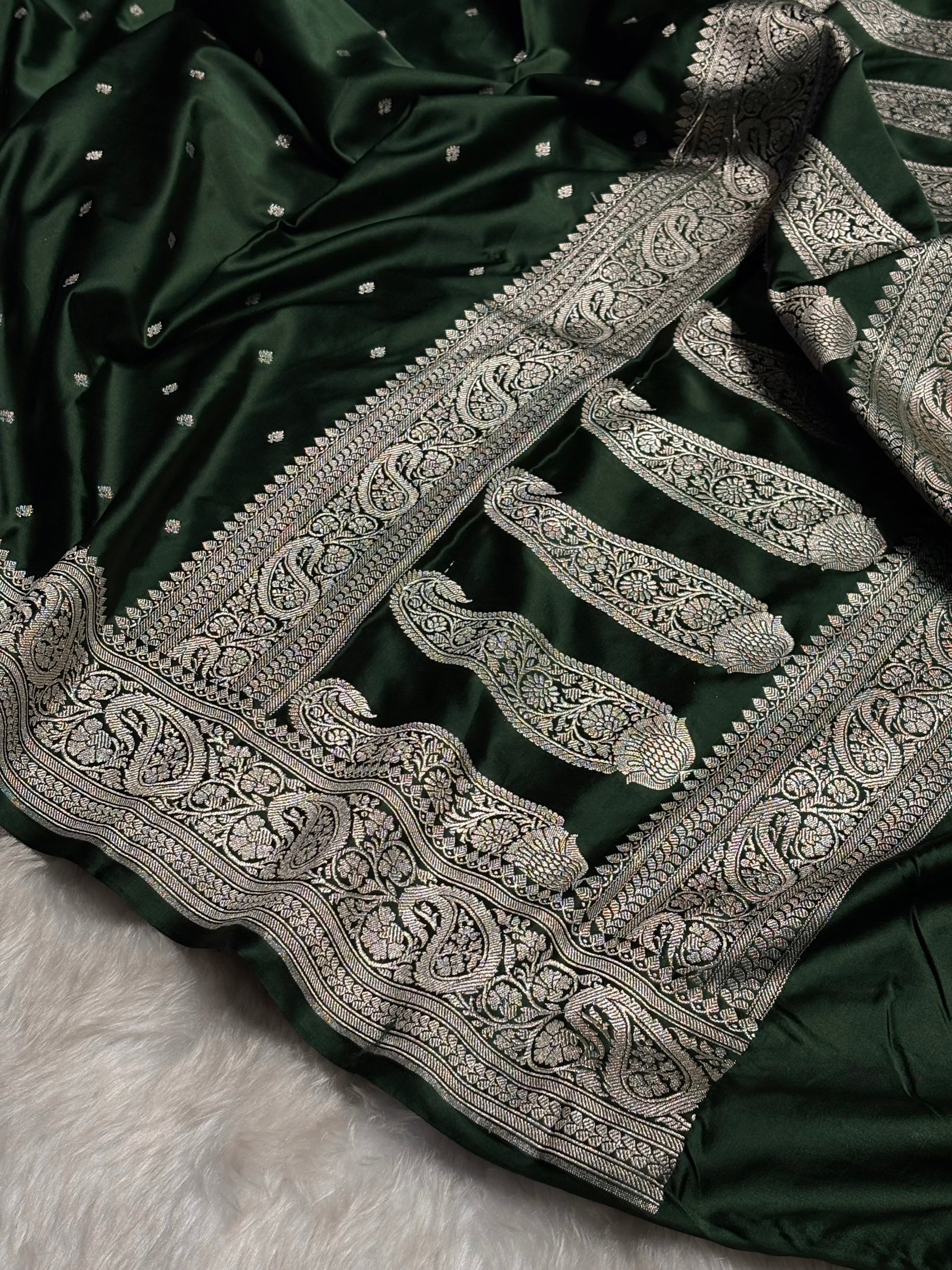 Bottle Green Tone Booti Mashru Silk Saree