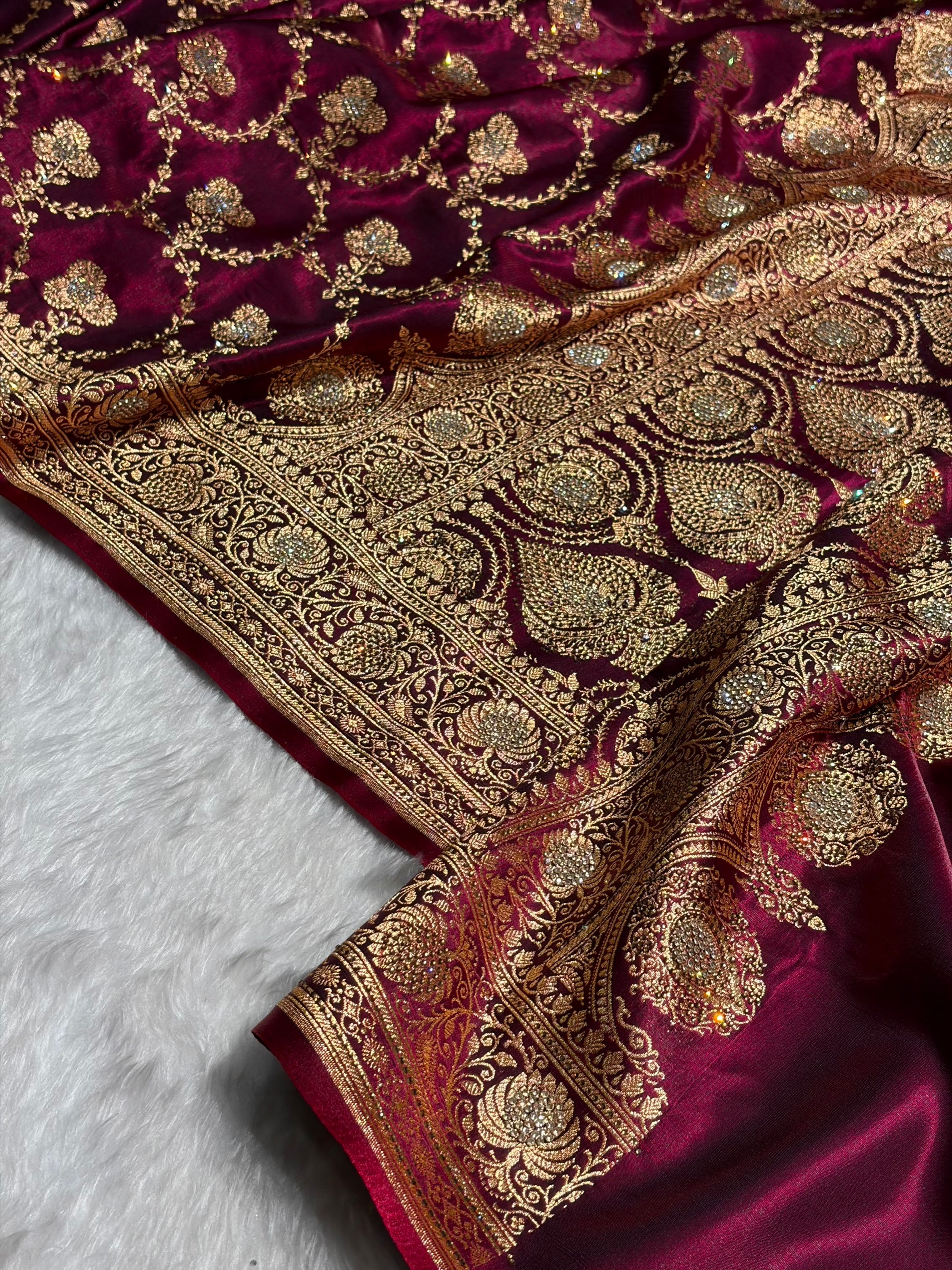 Satin Silk Saree Banarasi Swarovski Work Jaal in Wine Shades  BSS23 (R)