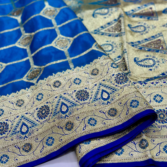 Blue Modern Satin Silk Saree with Swaroski