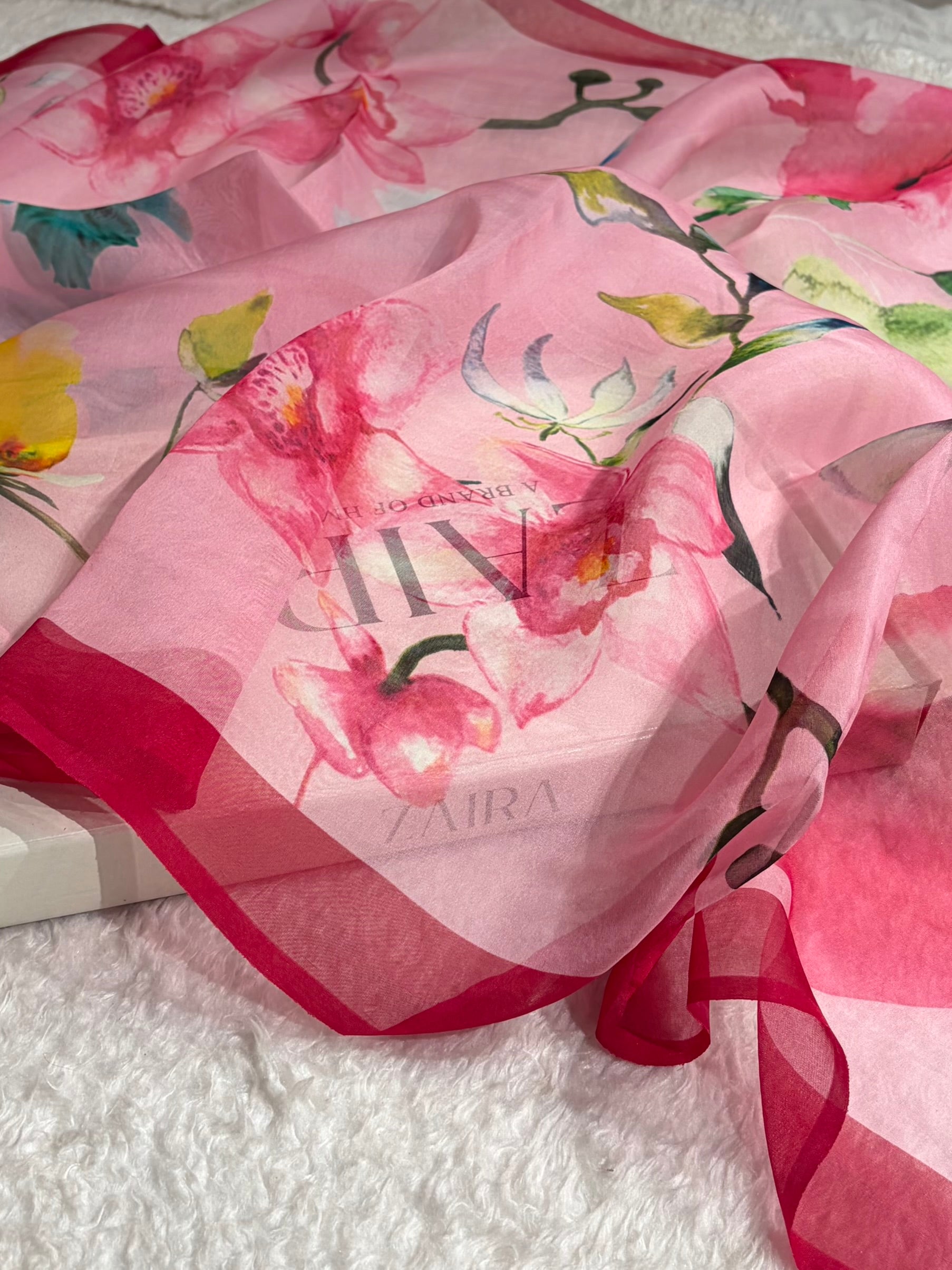 Baby Pink Organza with Pastel Multicolor Florals POP04